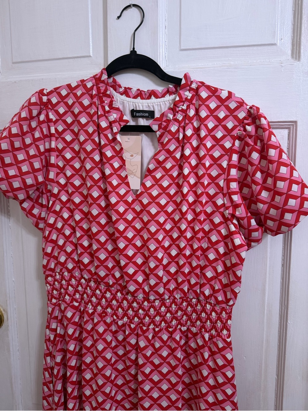 Pink Geometric Maxi Dress with Elastic Waist - Picture 2 of 5